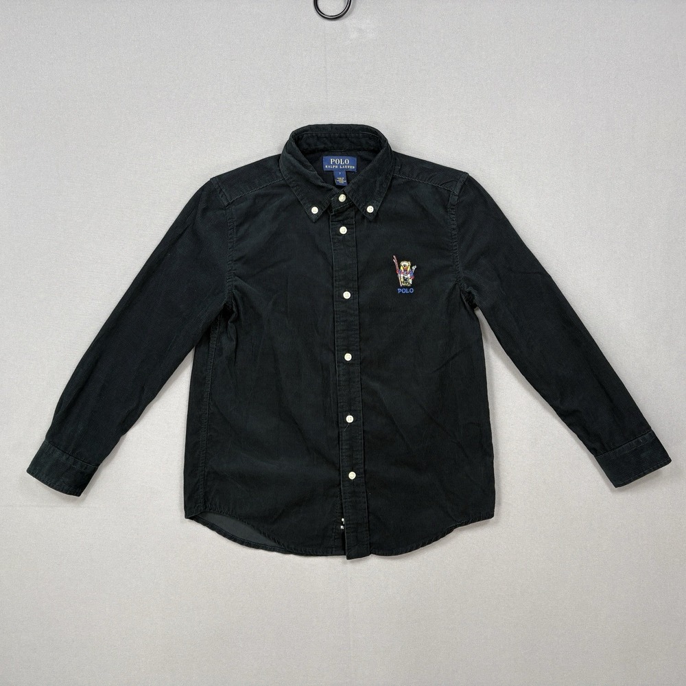 Polo Ralph Lauren Boys 7 Black Corduroy Polo Bear Button Down Long Sleeve Shirt
